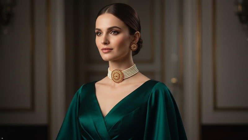 Touchstone "Padmavati Collection Indian bollywood traditional faux ruby red rhinestones and faux pearls grand designer jewelry choker necklace set in gold tone for women. - Image 2